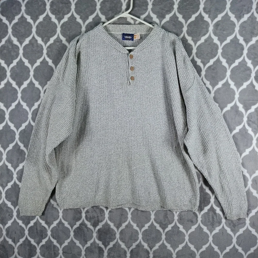West Marine Natural Gear Sweater Men L Gray Oatmeal Cotton Henley Knit Pullover